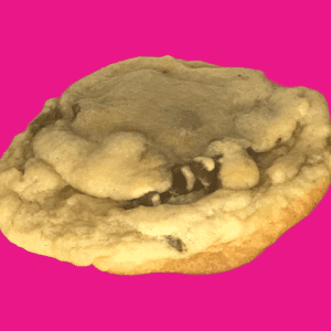 A cookie with chocolate chips on top of it.