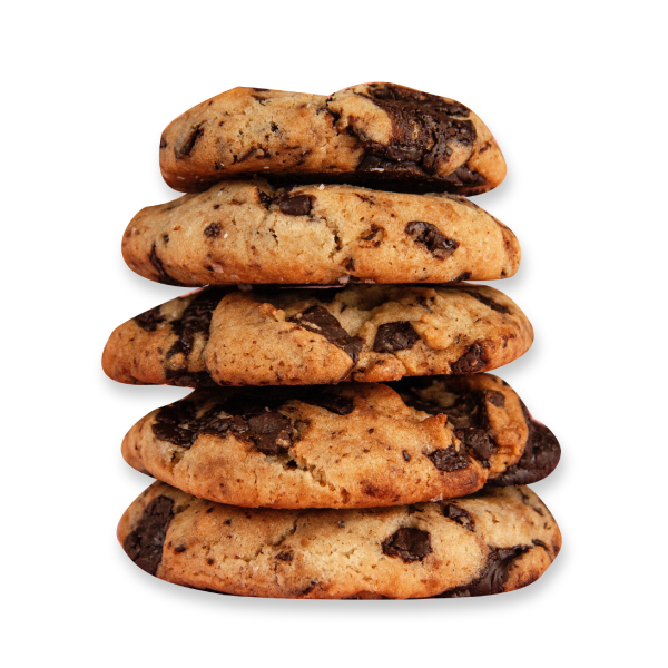 A stack of cookies with chocolate chips on top.